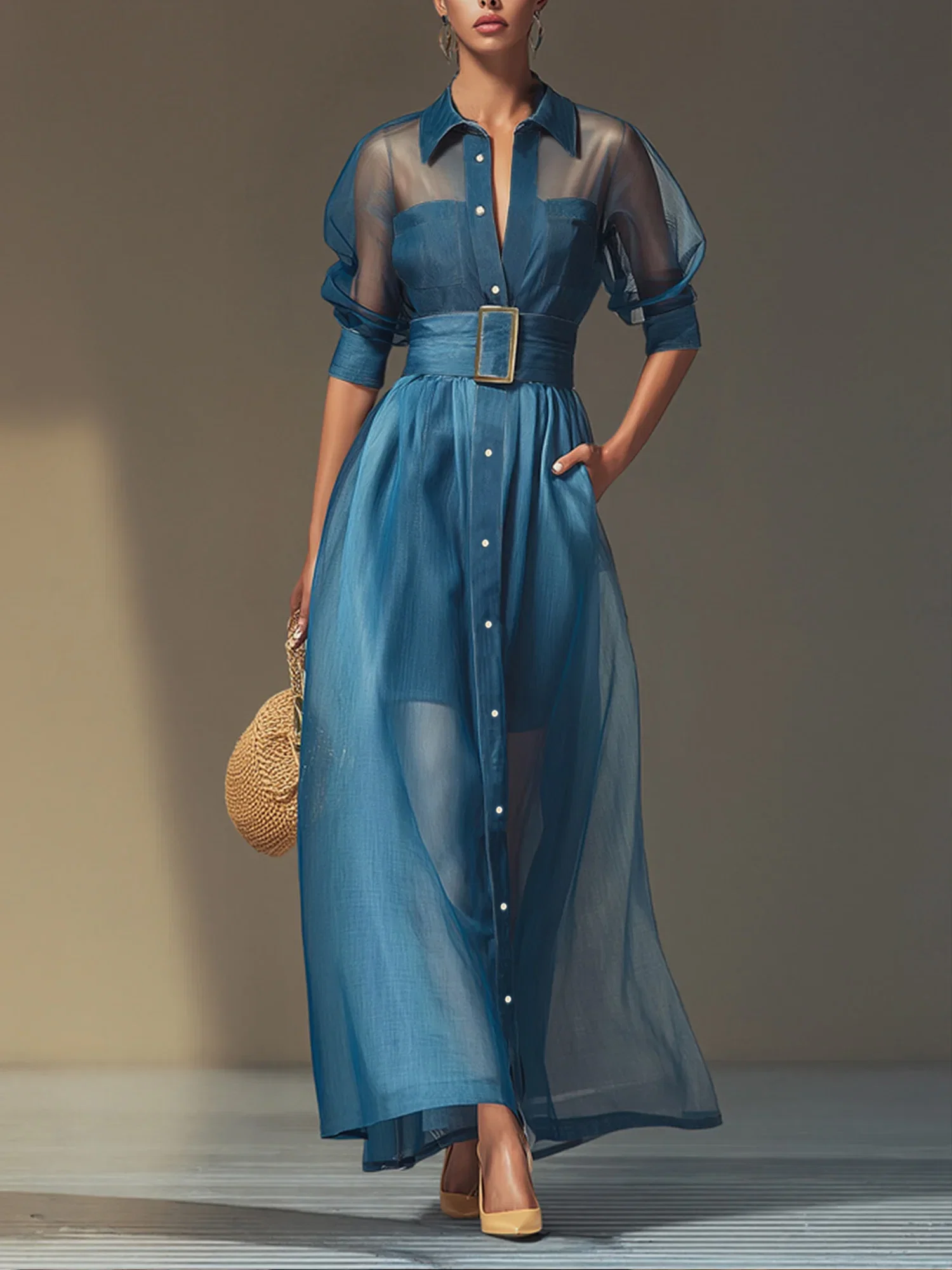 Image of Soft Tencel  Denim Elegant Plain Puff Sleeve Split Joint Shirt Collar Maxi Dress With Belt
