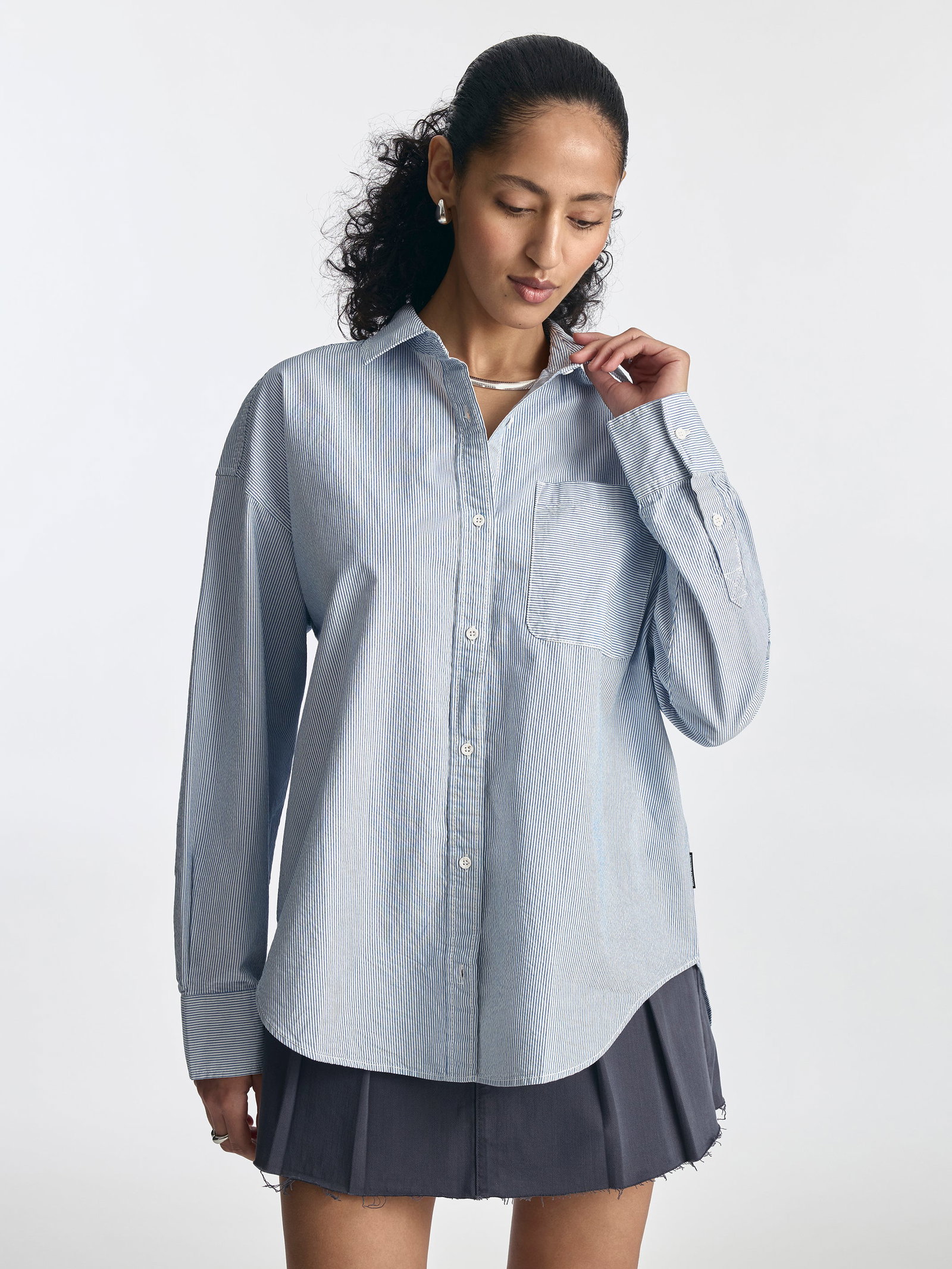 Image of Women's Oversized Long Sleeve Striped Shirt in Blue
