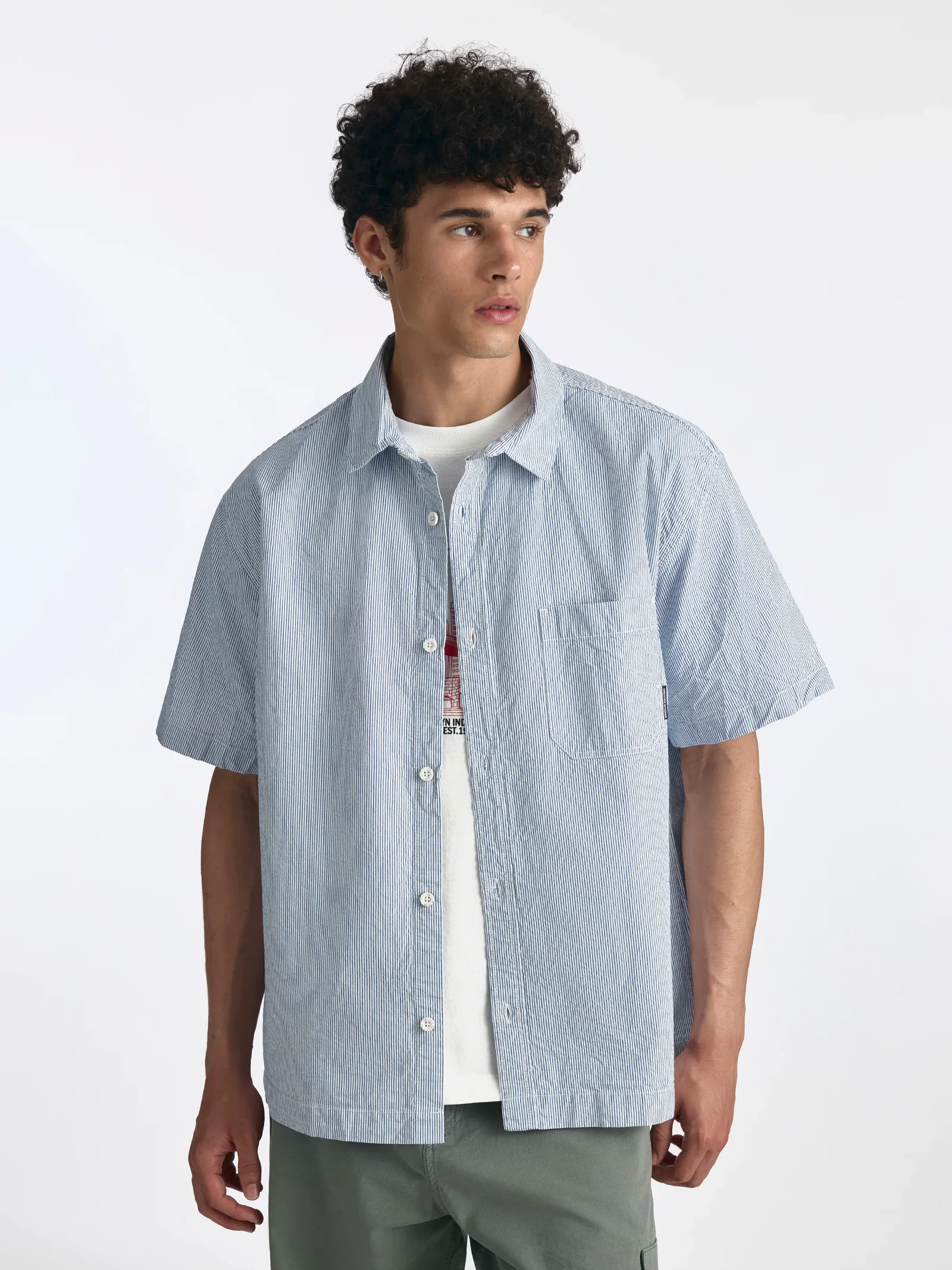 Image of Men's Short Sleeve Striped Shirt in Blue Striped