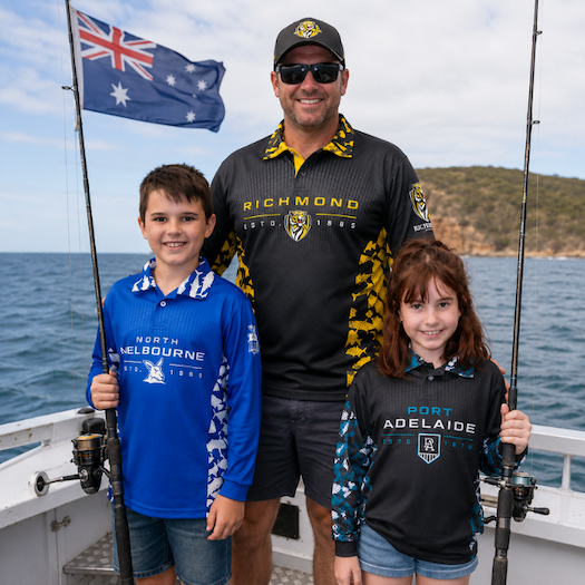 A man and two children wearing AFL Collared Fishing Shirts