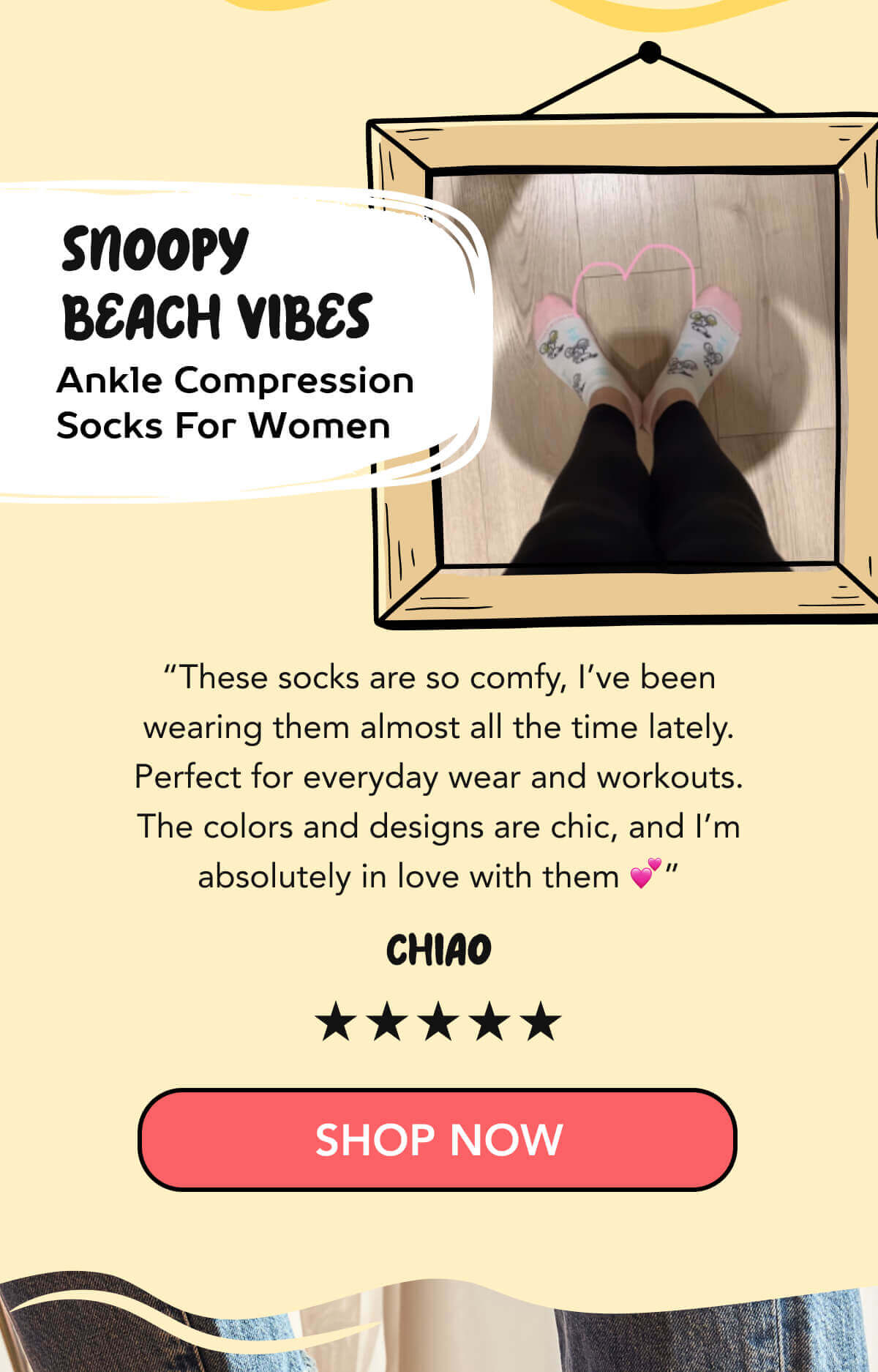 Snoopy Beach Vibes Ankle Compression Socks For Women    “These socks are so comfy, I’ve been wearing them almost all the time lately. Perfect for everyday wear and workouts. The colors and designs are chic, and I’m absolutely in love with them 💕” - Chiao    SHOP NOW