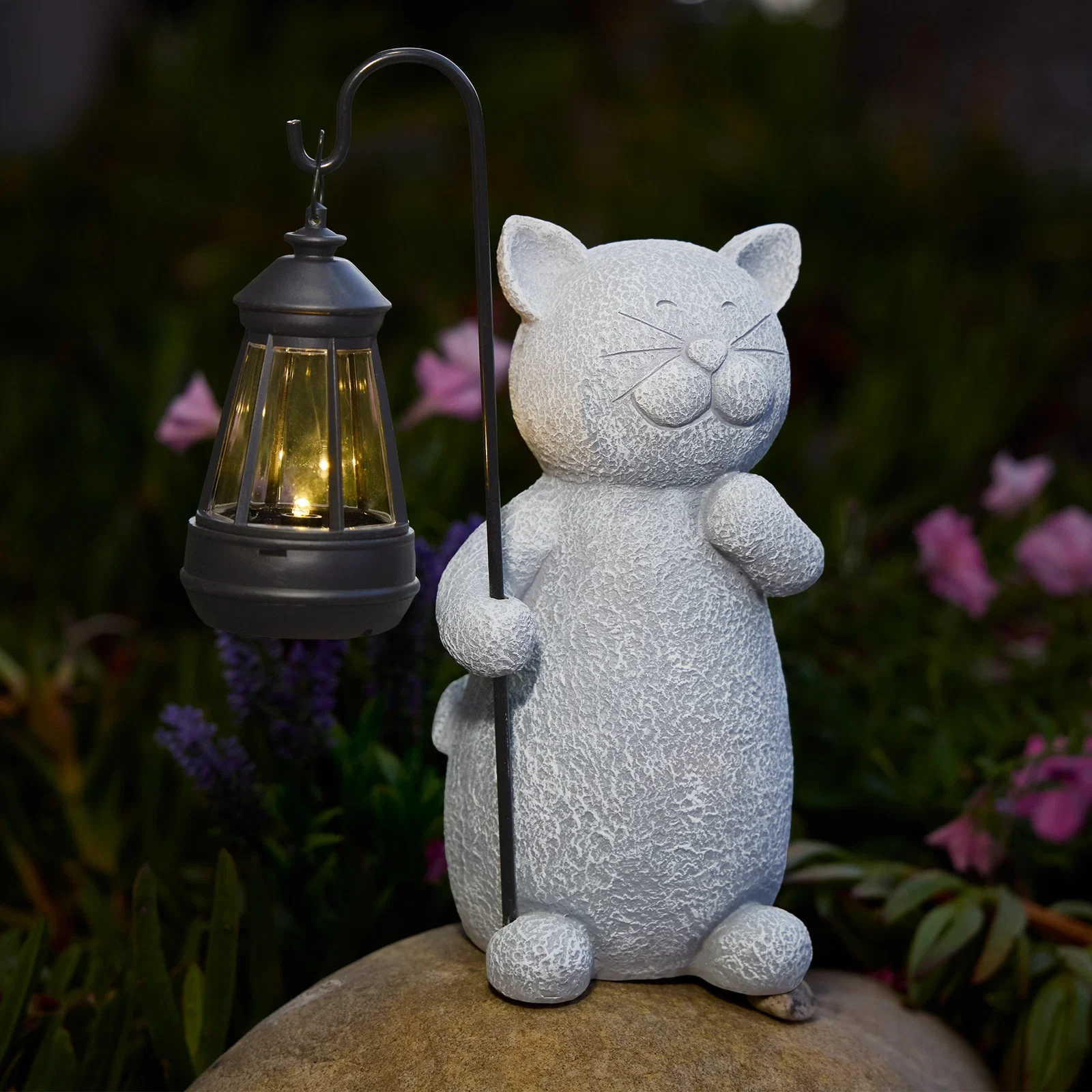 Gartenfigur Katze, Grau, mit Laterne, Produktansicht, Vorderansicht