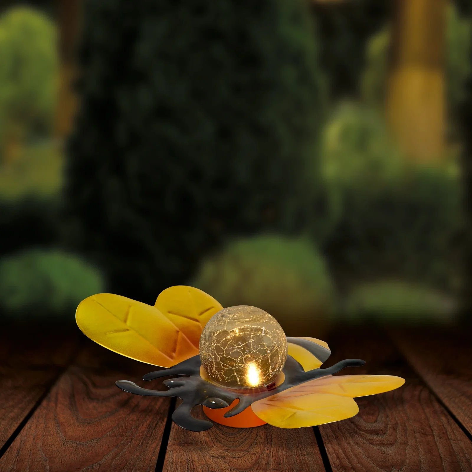 Gartenfigur Schmetterling, Gelb und Schwarz, Glaskugel mit LED, Produktansicht, Vorderansicht