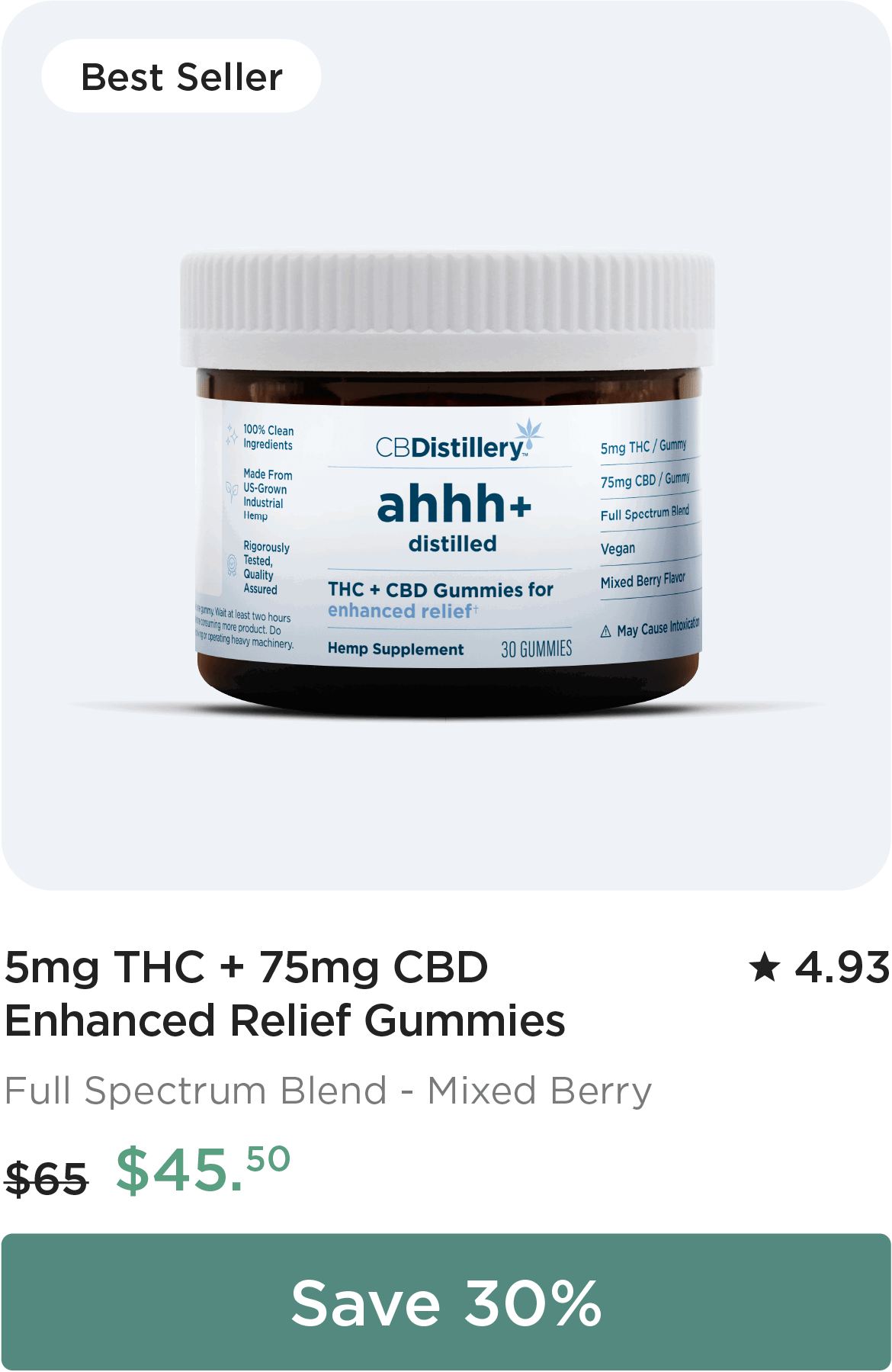 5mg THC + 75mg CBD Enhanced Relief Gummies, originally $65, now $45.50. Save 30%