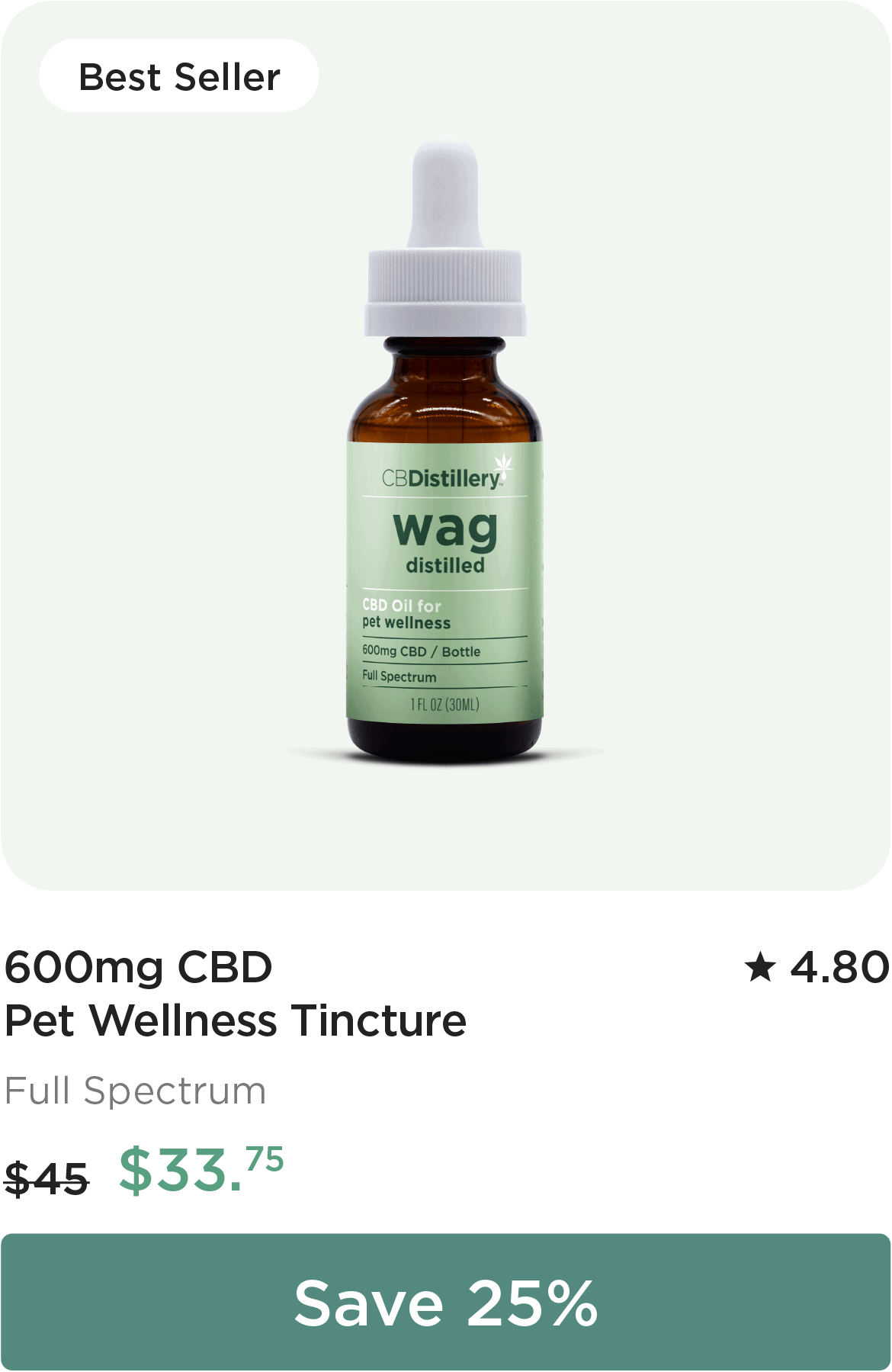 600mg CBD Pet Wellness Tincture, originally $45, now $33.75. Save 25%