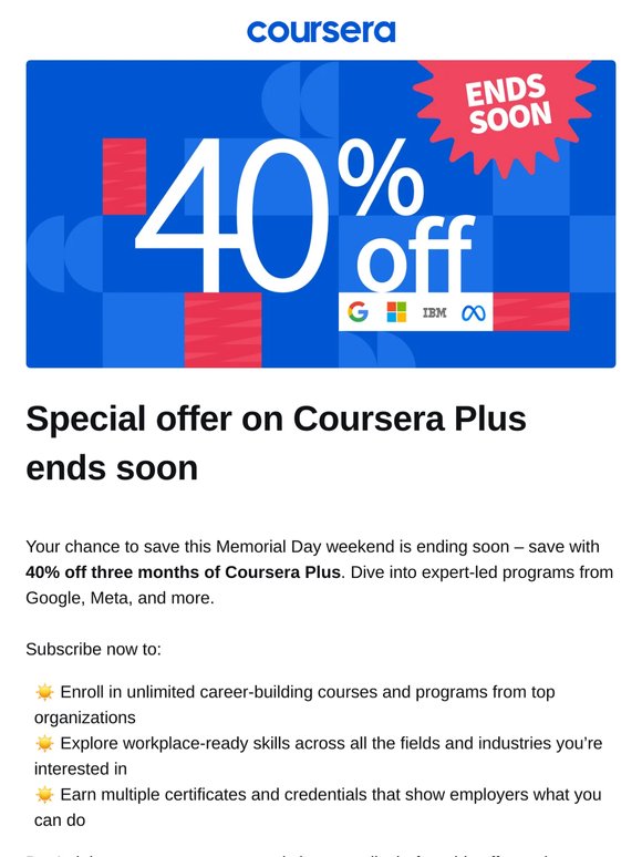 ⏳ Time's Almost Up: 40% Off Coursera Plus