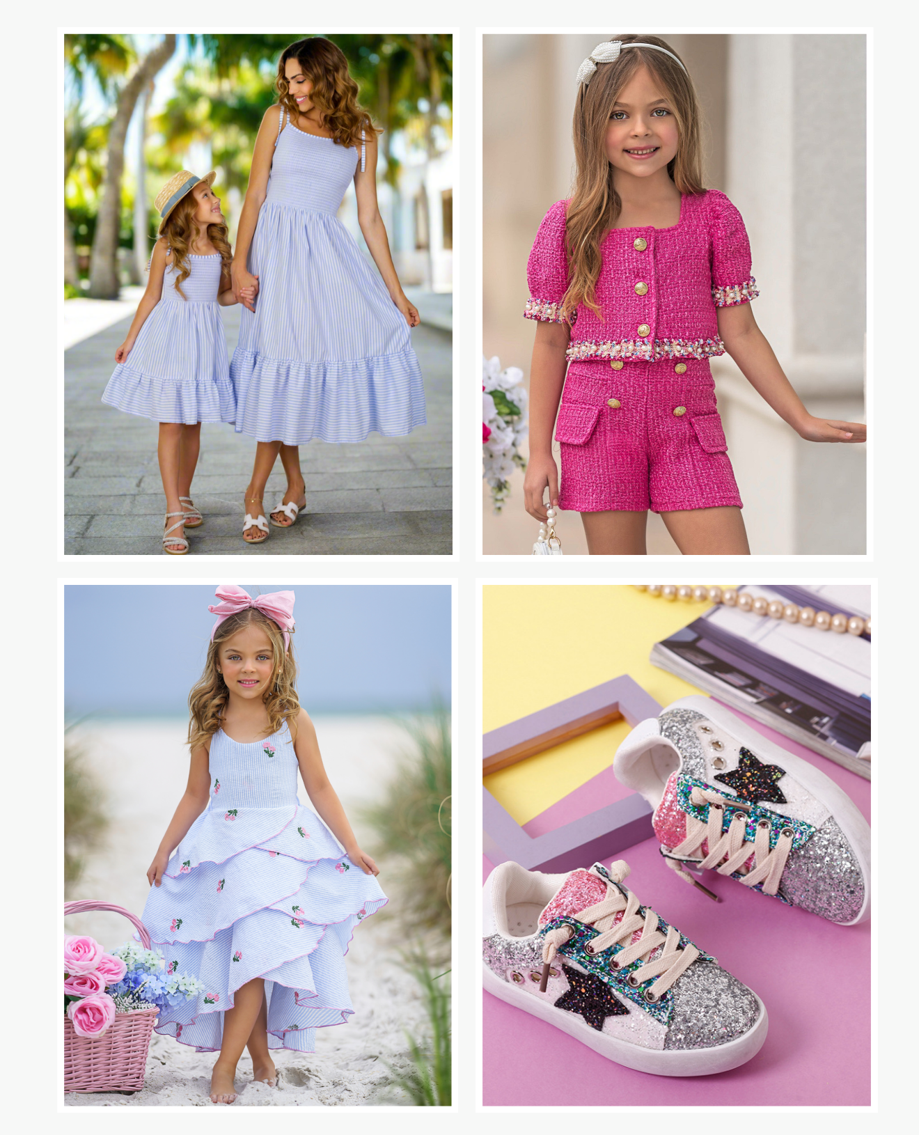 Shop stylish girls fashion for every summer moment, from matching Mommy & Me dresses and twirl-worthy outfits to trendy sets and glitter sneakers. Discover playful, picture-perfect styles designed for vacations, parties, and sunny day adventures.