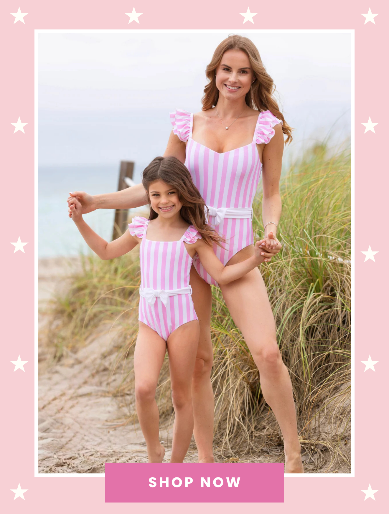 Shop matching Mommy & Me swimwear for sunny beach days and family vacations. Discover adorable pink striped swimsuits designed for stylish moms and daughters who love making sweet summer memories together.