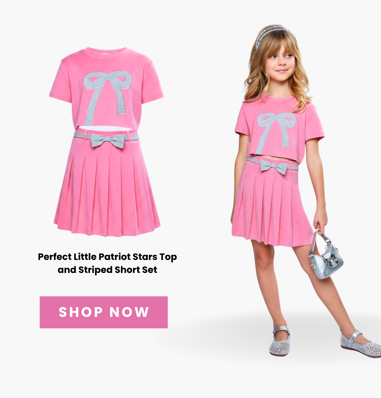 Shop the Pink Casual Bow Top and Pleated Skirt Set for girls — a sweet and stylish outfit featuring a soft pink matching set with bow details, perfect for everyday wear, parties, and trendy summer fashion looks.