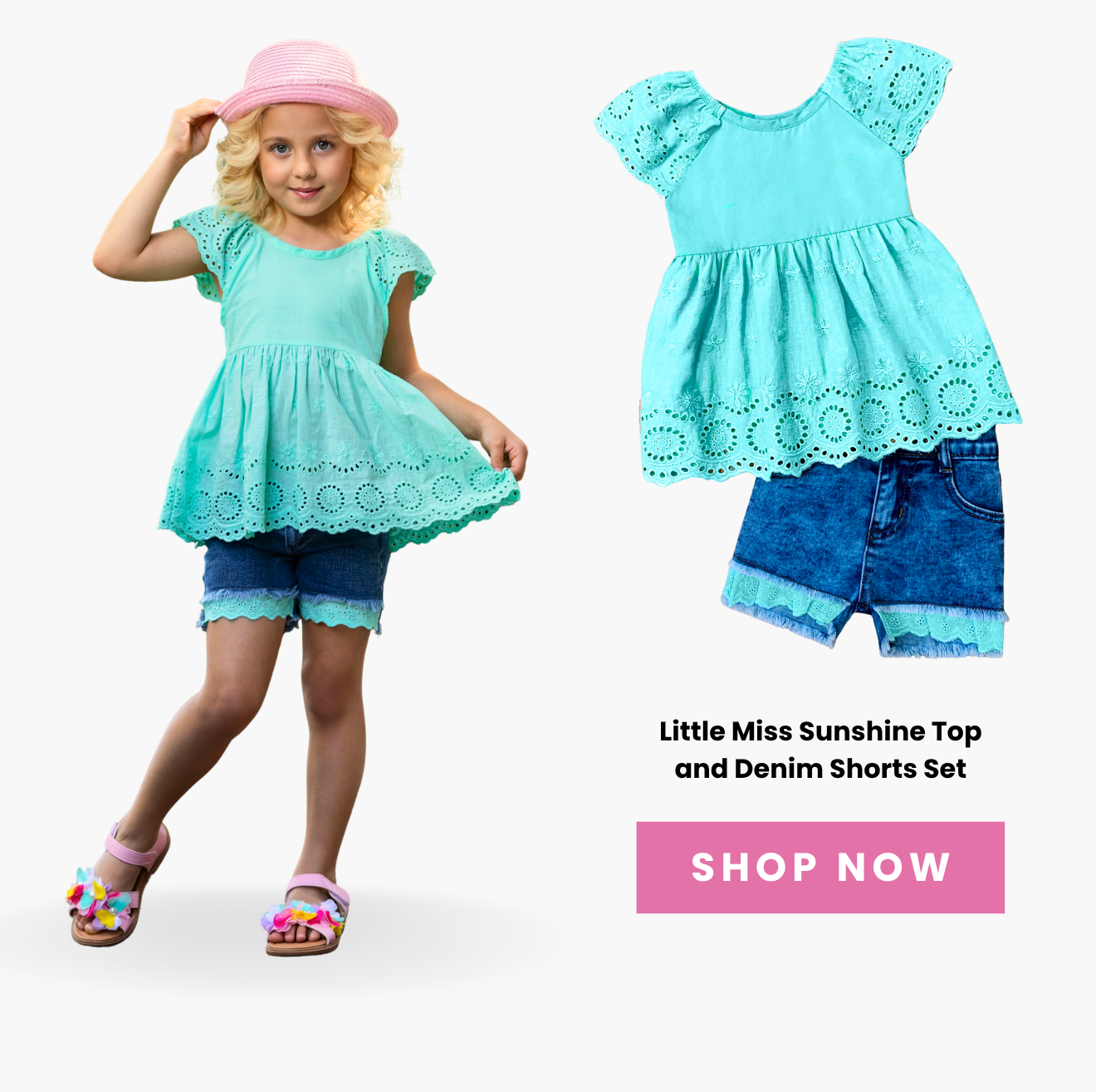 Shop the Little Miss Sunshine Top and Denim Shorts Set for girls — a playful summer outfit featuring a breezy aqua eyelet top and stylish denim shorts, perfect for vacations, playdates, beach trips, and everyday sunny adventures.
