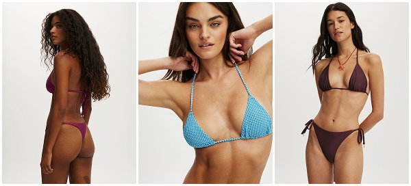 Three women modeling colorful bikinis and swimwear styles