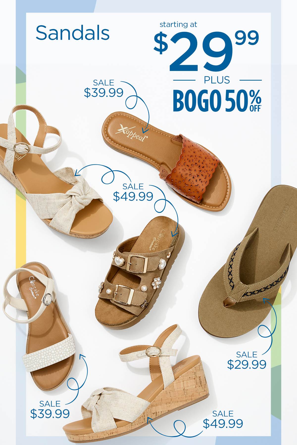 Sandals Starting at $29.99 | Plus BOGO 50% OFF | Assorted Display of Sale Sandal Styles