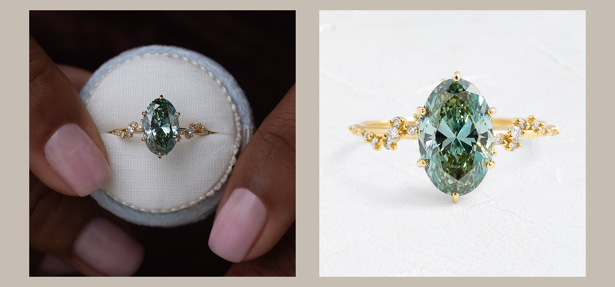 Overview of the new Wisteria Ring with a 2.02ct. Lab-Grown Blue Green Diamond, shown worn by a model and on a textured white background