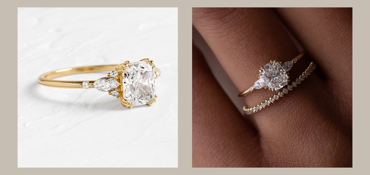 Overview of the new Arise Ring with a 0.9ct. Lab-Grown Cushion Cut, shown worn by a model and on a textured white background