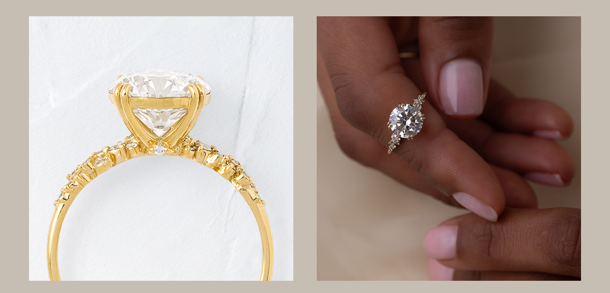 Overview of the new On The Horizon Ring with a 2.56ct. Lab-Grown Round Cut, shown worn by a model and on a textured white background