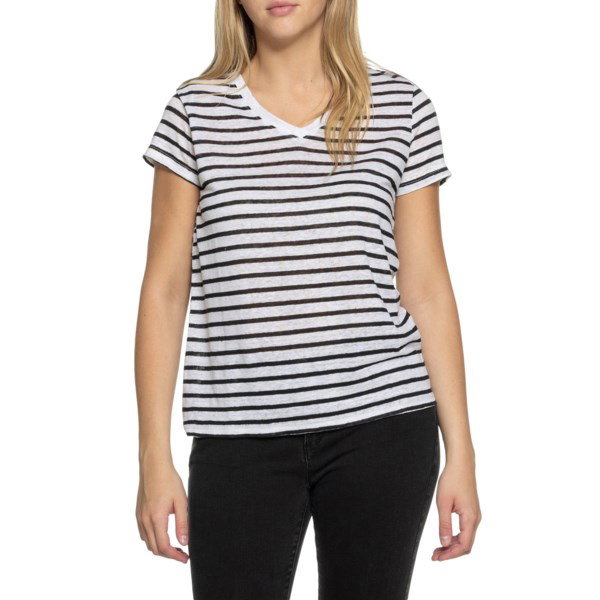 C&C California V-Neck T-Shirt for Women | Coastal Stripe White/Black Onyx | Size Large | Lightweight Fabric
