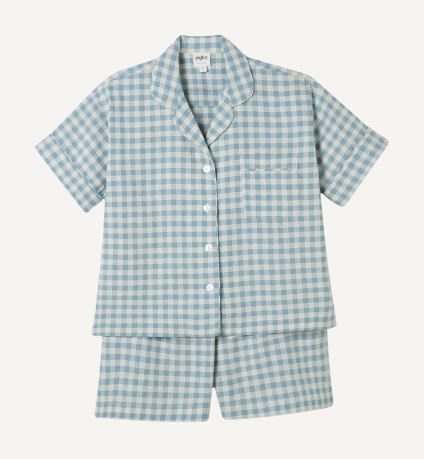 Warm Blue Gingham Linen Blend Pyjama Short Set