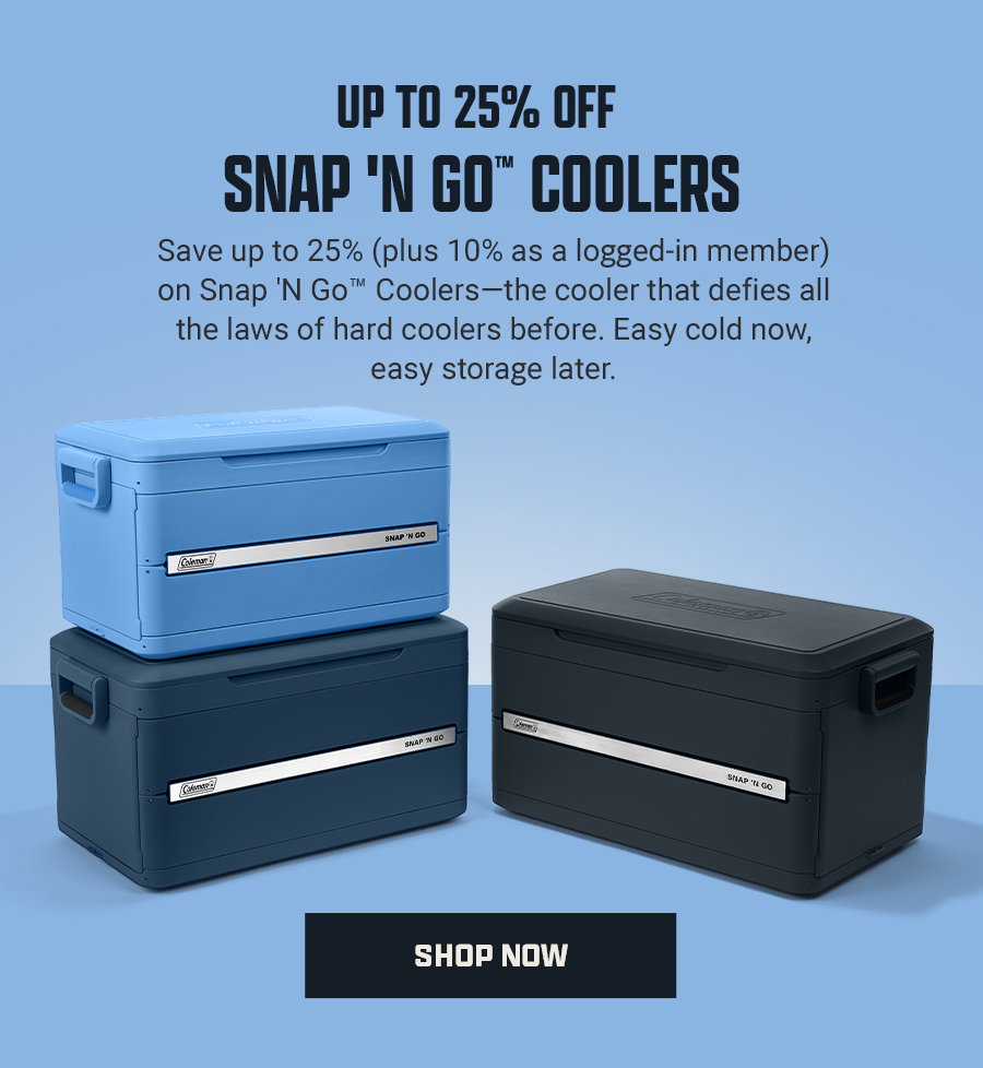 Up to 25 percent off Snap 'N Go coolers, three cooler boxes displayed, shop now button at the bottom.