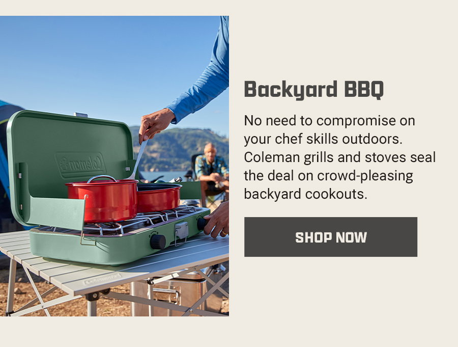 Backyard BBQ text, a person cooks with a Coleman stove outdoors, two red pots, shop now button.