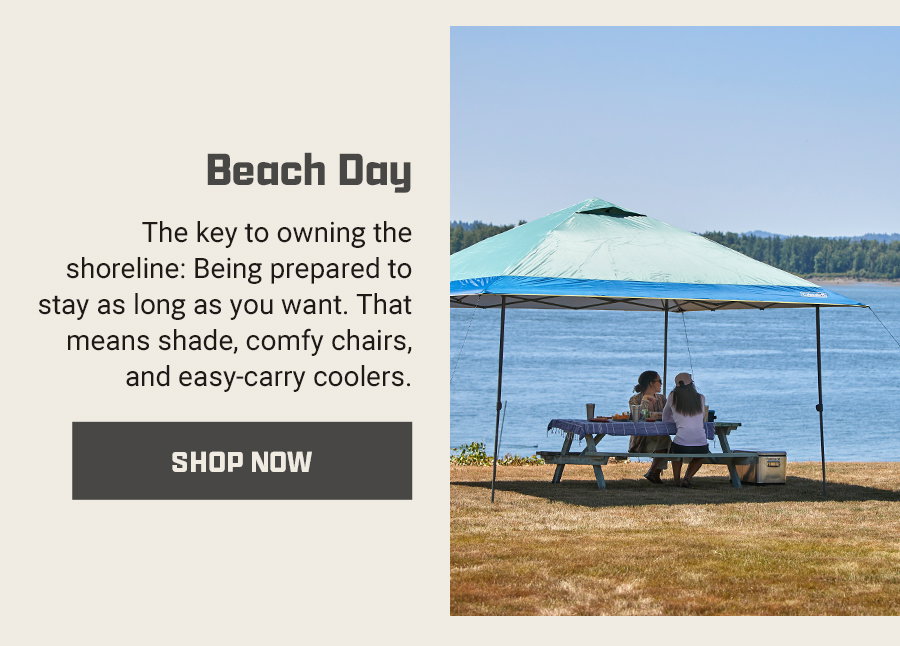 Beach Day. Tips for owning the shoreline. Shop now button. Two people sit under a canopy beside a lake.