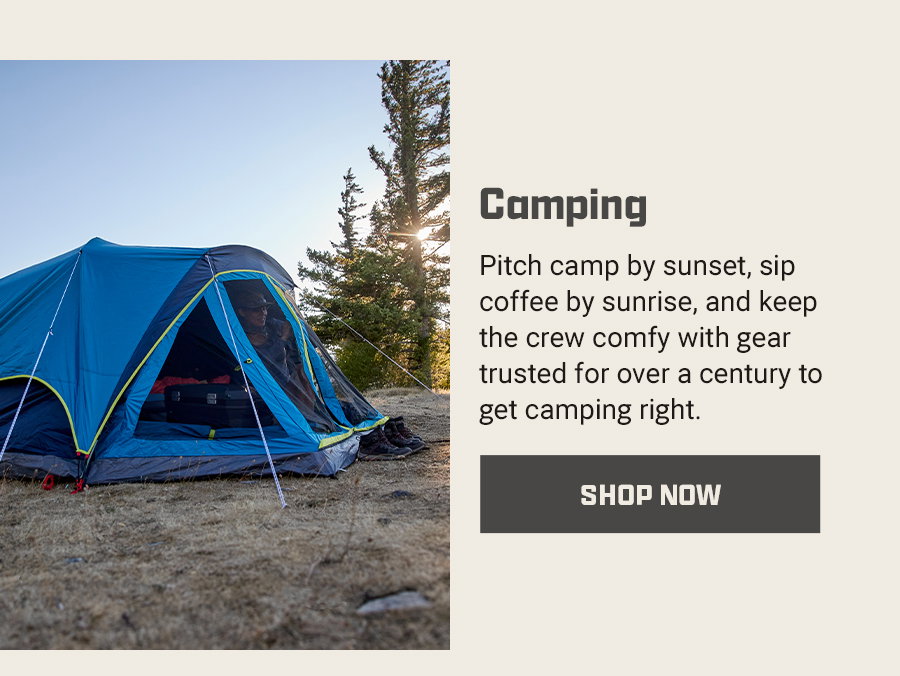 Camping tent set up outdoors near trees at sunrise. Text about camping gear and a Shop Now button.