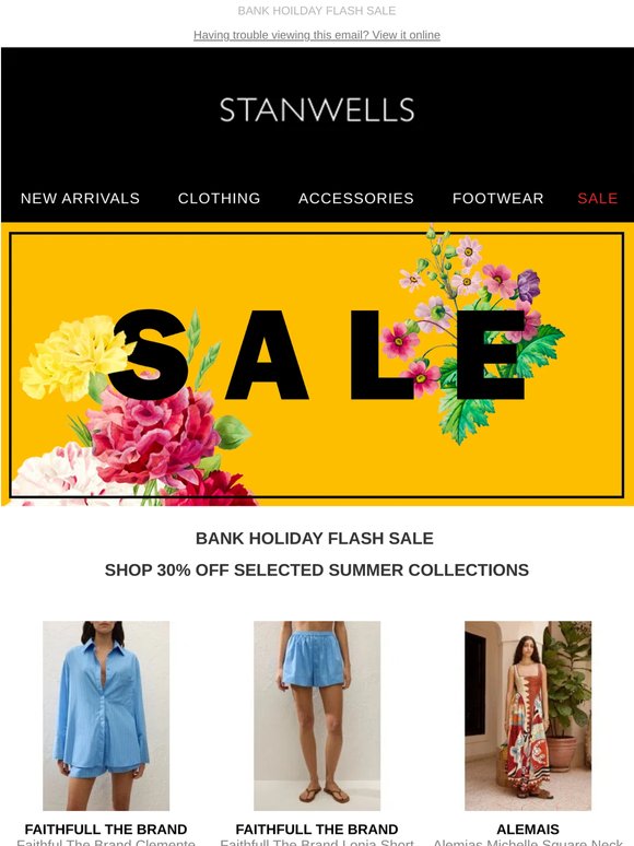 BANK HOILDAY FLASH SALE 30% REDUCTION ON SELECTED SUMMER STOCK...