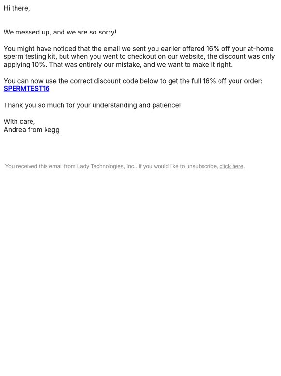 Oops! Here is your correct 16% discount code for your at-home sperm test