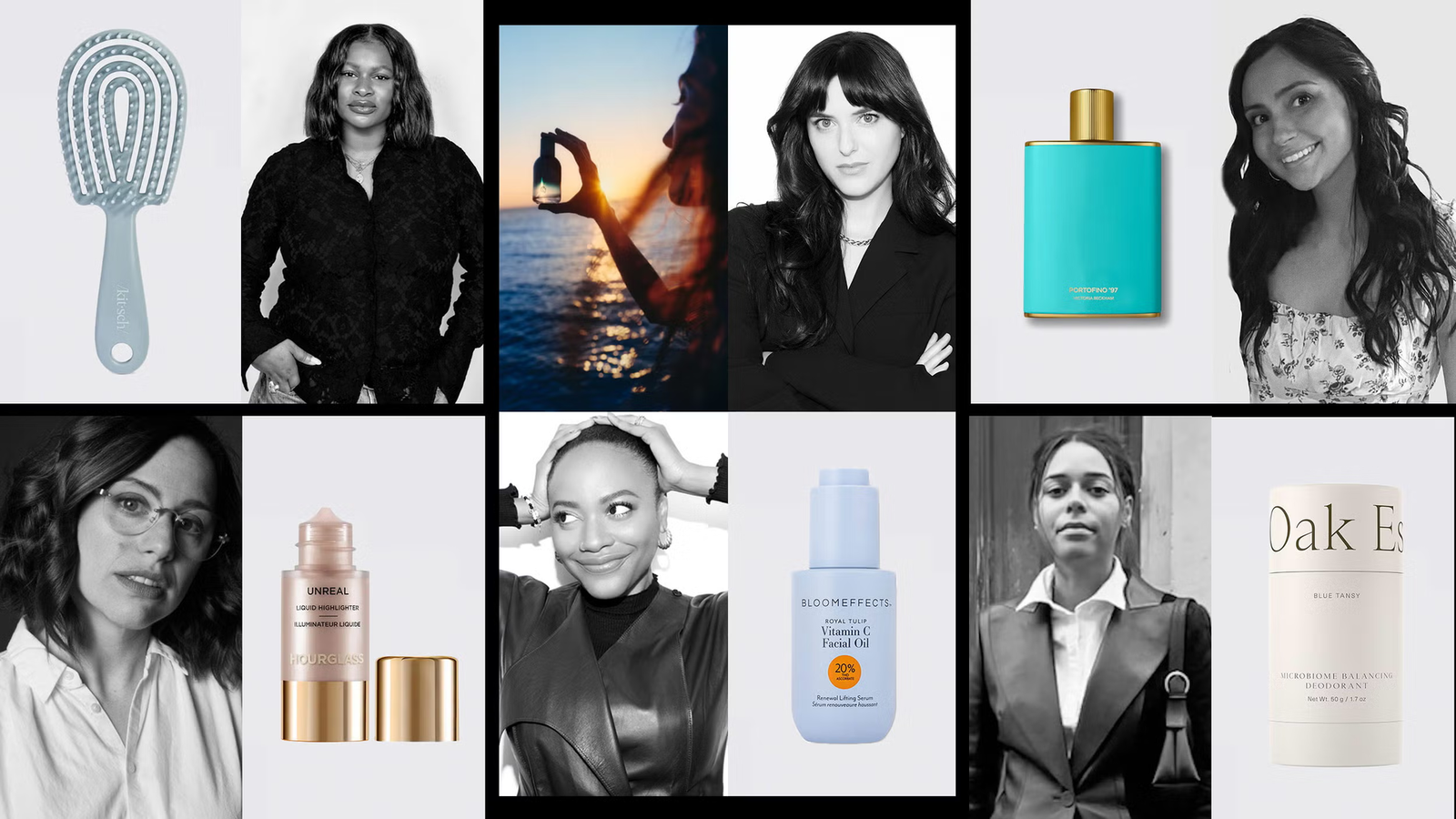collage of Harper's Bazaar editors and their favorite beauty products