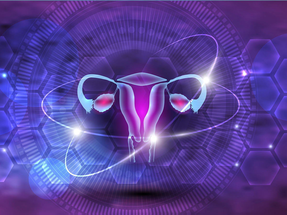 Female uterus and ovaries on abstract scientific background 
