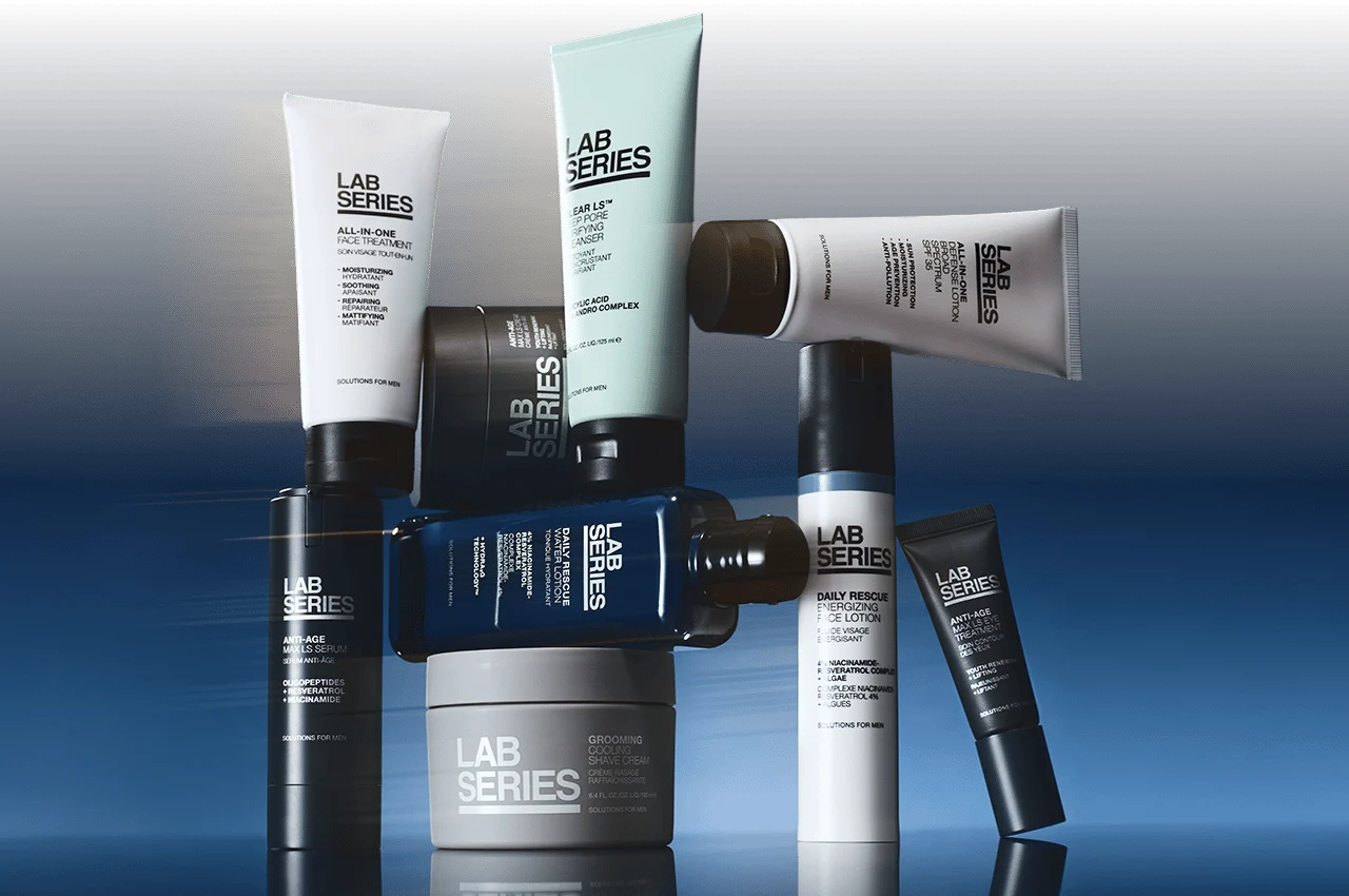 Two-frame animation displaying the All-In-One Multi-Action Face Wash and close-up of a man applying the cleanser to his face.