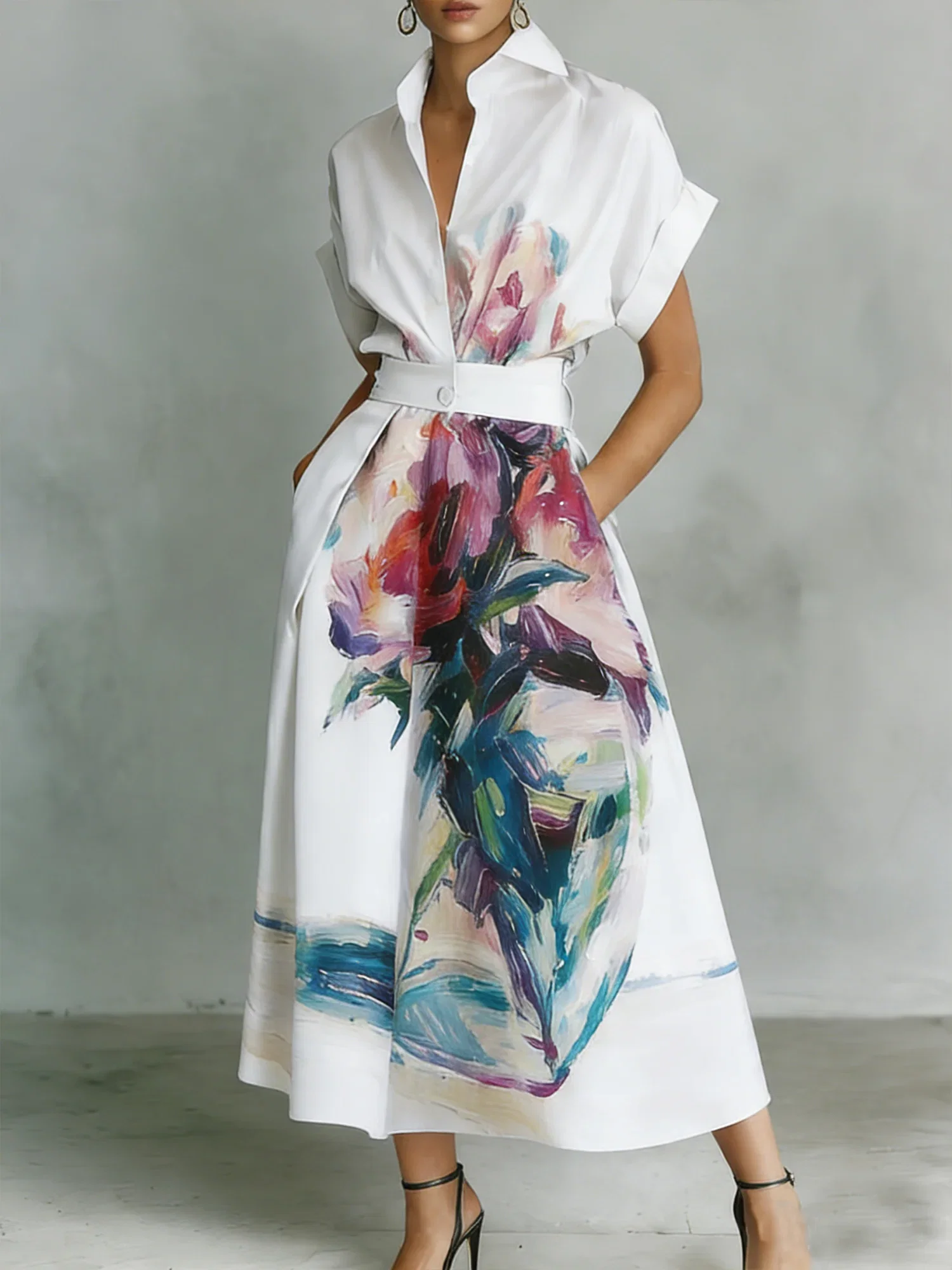 Image of Urban Floral Printing Shirt Collar Midi Dress