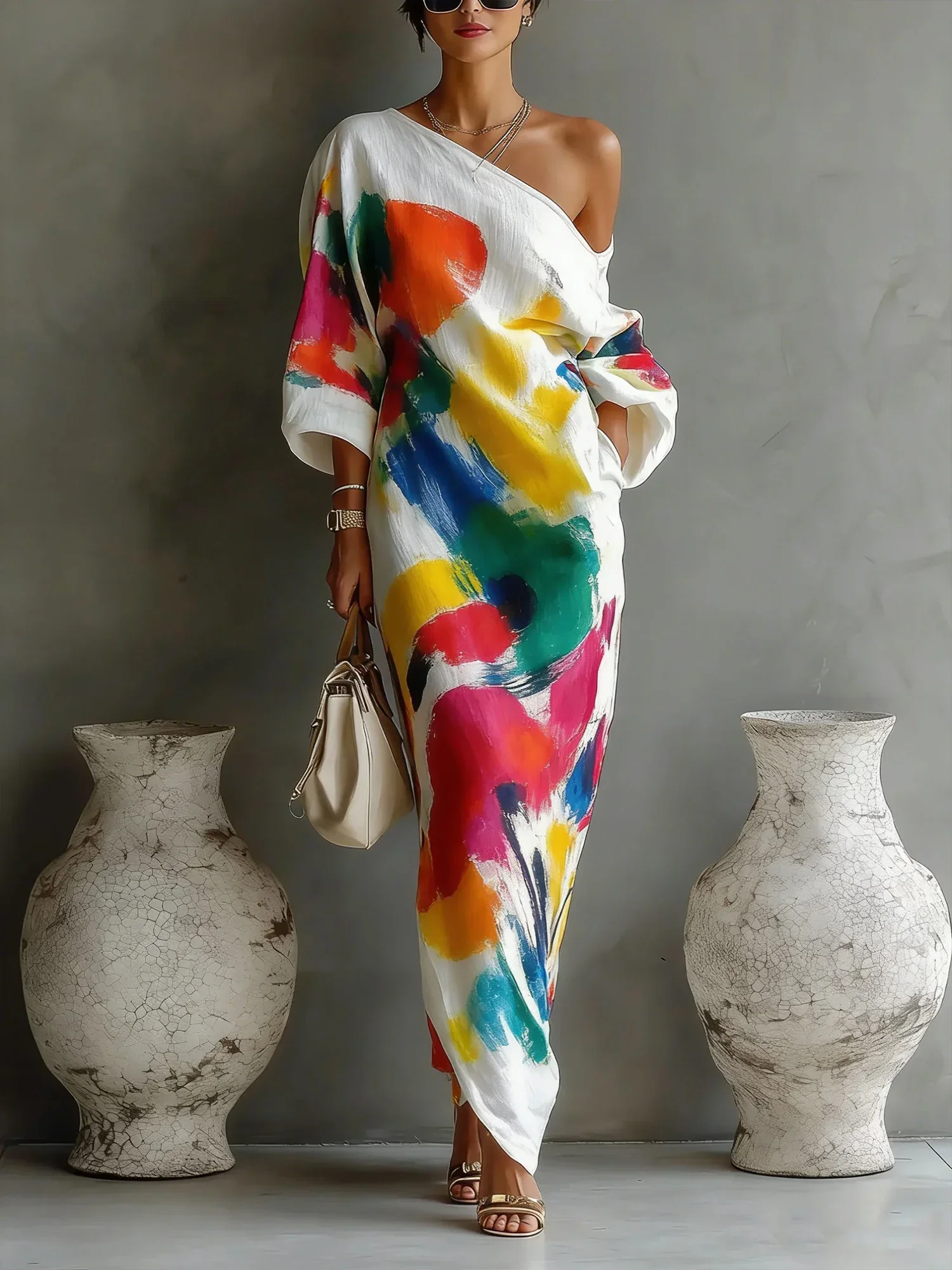 Image of Casual Abstract Print H-Line Asymmetrical Maxi Dress With Belt