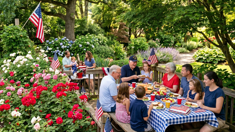 Multigenerational family with grandparents, parents and kids having a Memorial Day picnic in a lush, colorful back yard garden.