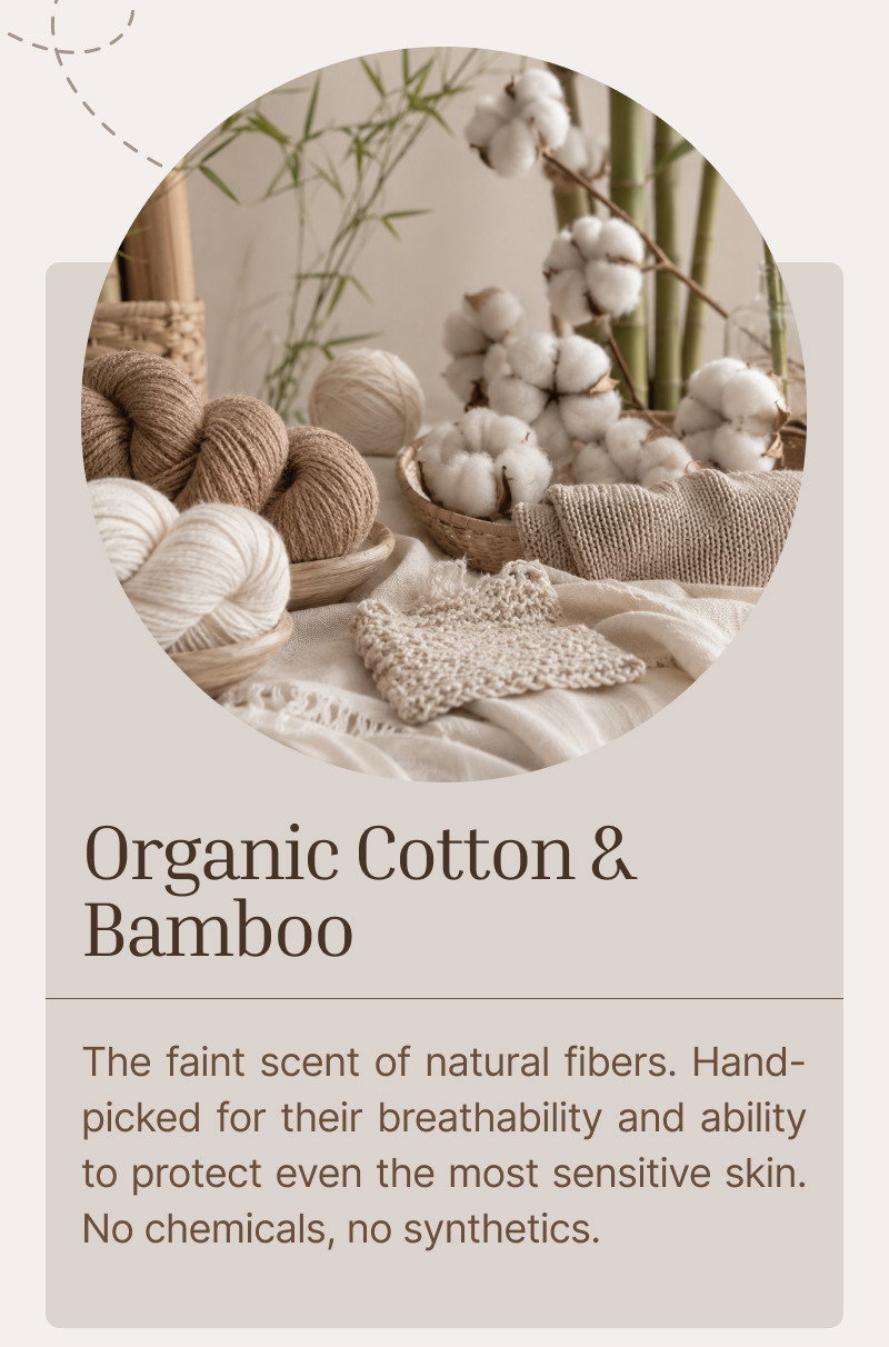 Close-up of neutral yarn, knitted baby items, and soft studio materials shown inside a circular frame.