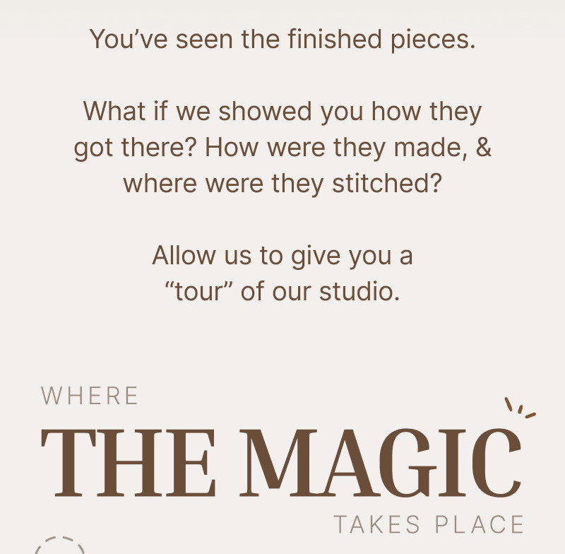 Centered brown text on a cream background introducing the studio process and the place where the magic begins.