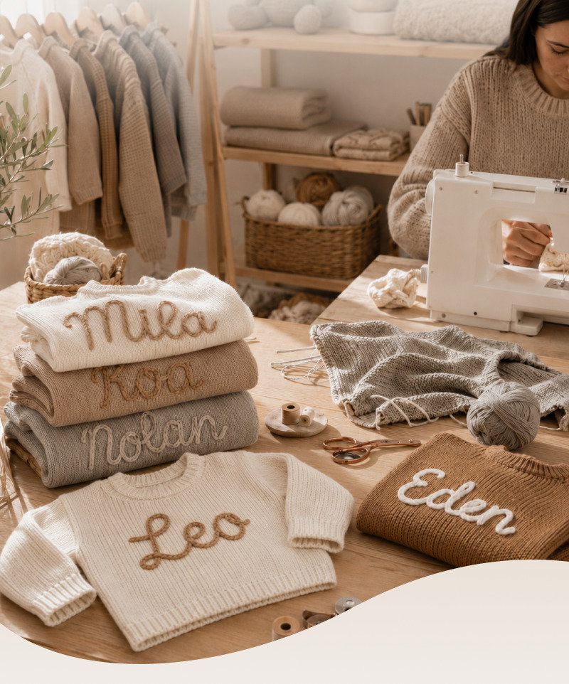 Woman working at a craft table surrounded by folded knit baby items, hanging clothes, yarn, and personalized blankets.