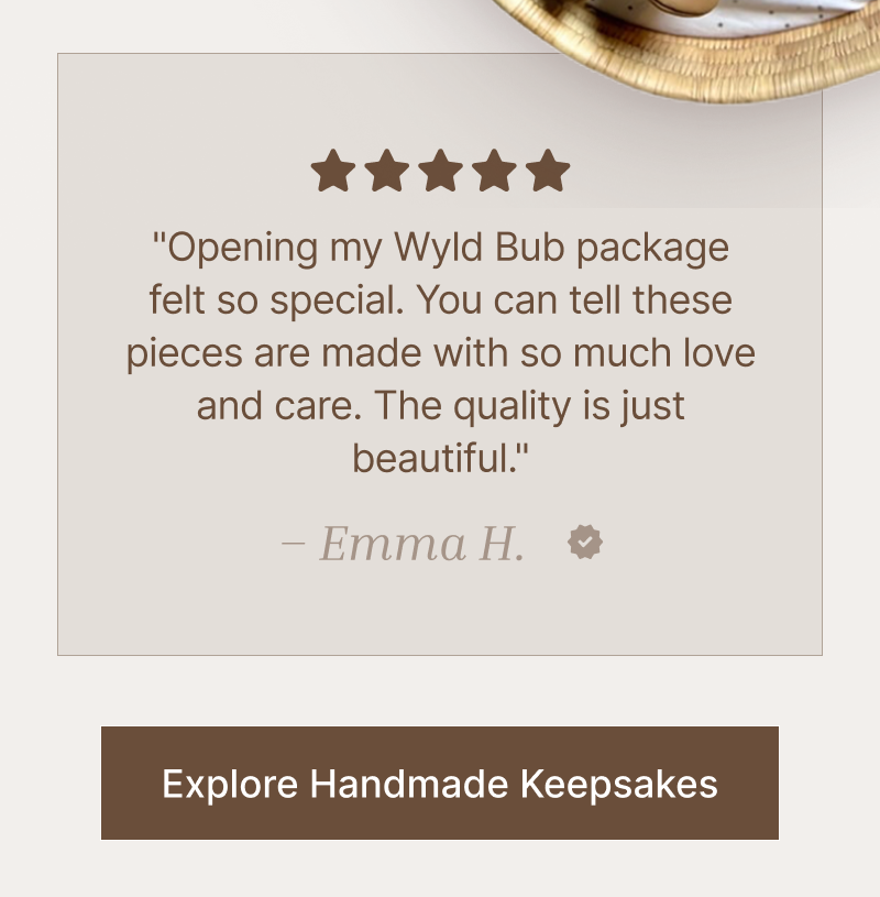 Beige review card with star rating and customer quote above a brown button reading Explore Handmade Keepsakes.