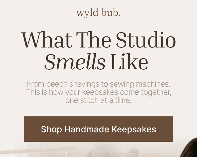 Cream header with brand logo, soft brown studio text, short subheading, and a brown button reading Shop Handmade Keepsakes.