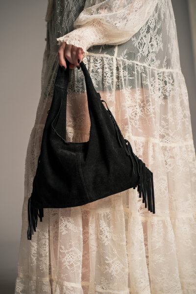 Lila Black Genuine Suede Fringed Grab Bag
