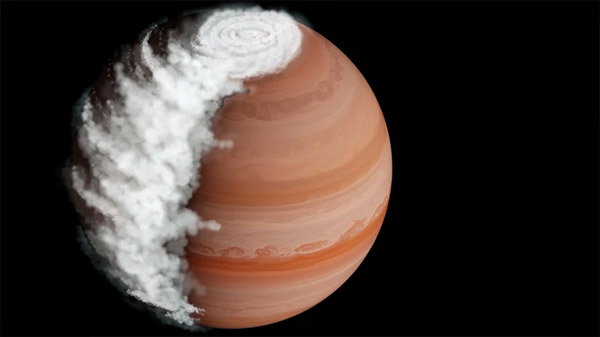 Artistic representation of WASP-94 A b showing clouds build up on the dark side of the planet and clear skies on the day side.
