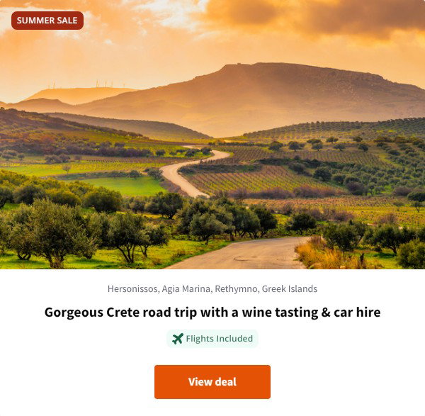 Gorgeous Crete road trip with a wine tasting & car hire