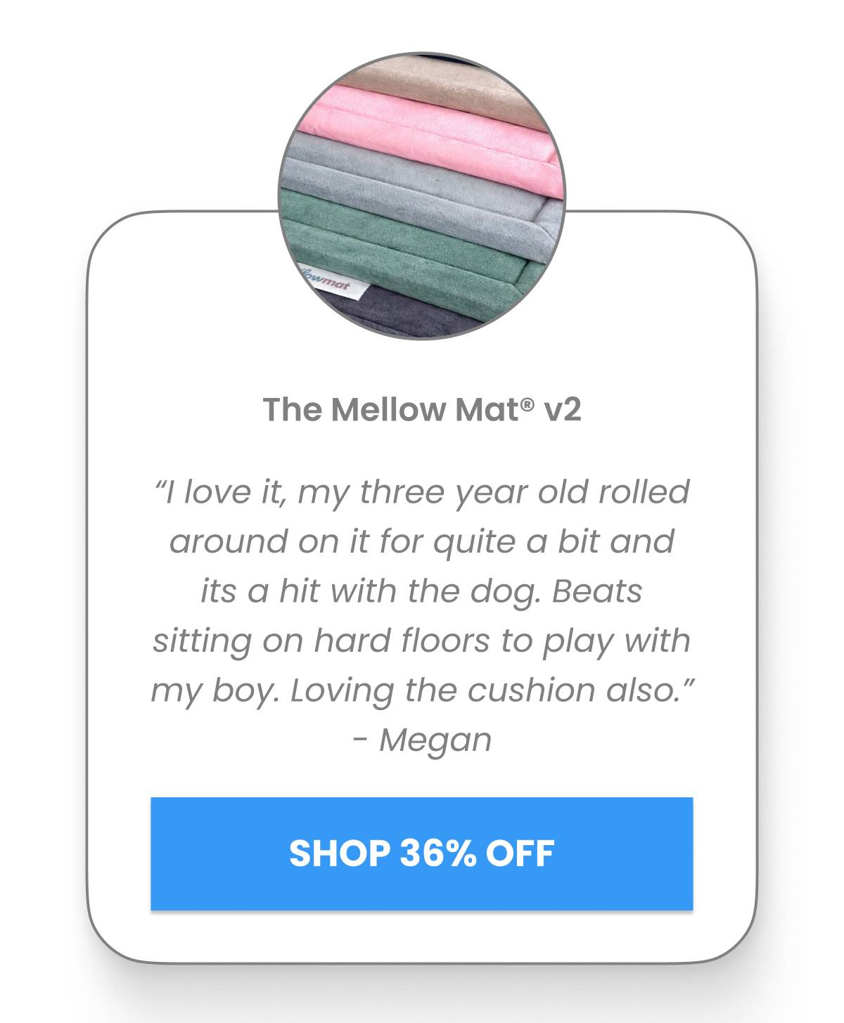 A close-up circular inset shows stacked, soft-textured mats in shades of beige, pink, grey, green, and dark grey, with a small white label reading 'lo...