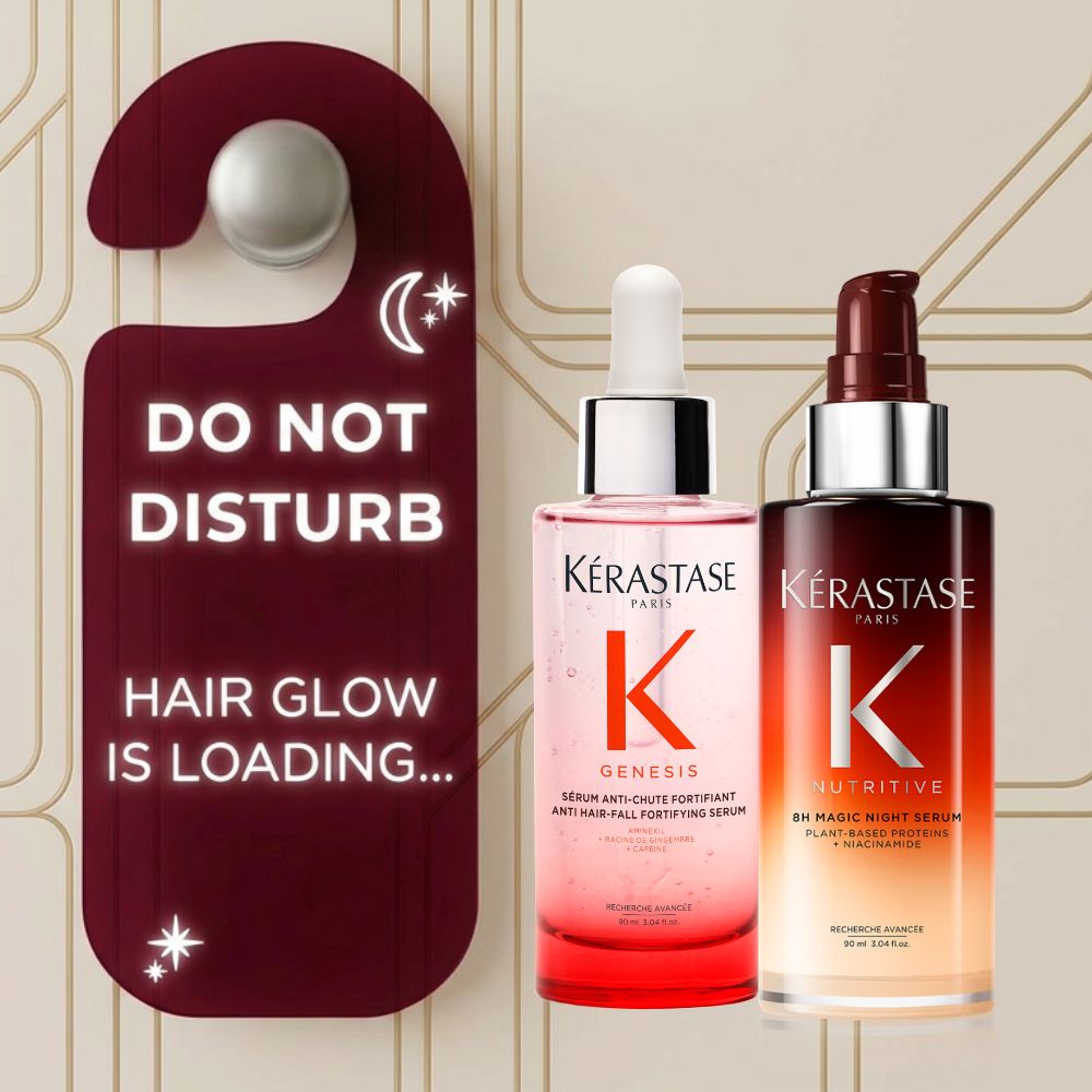 Cartello "Do Not Disturb" accanto ai sieri Kérastase Genesis e Nutritive 8H Magic Night su sfondo beige