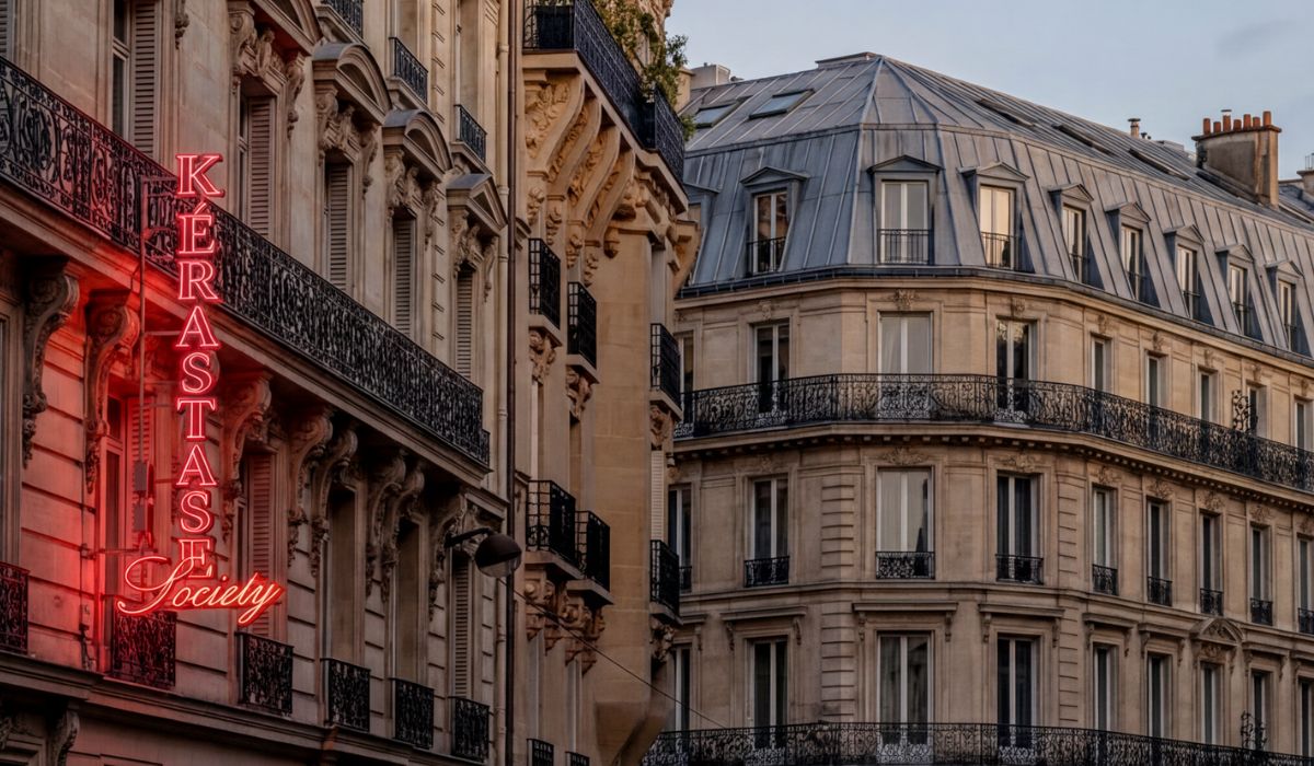 Facciata di edificio haussmanniano parigino con insegna al neon rossa Kérastase Society al tramonto