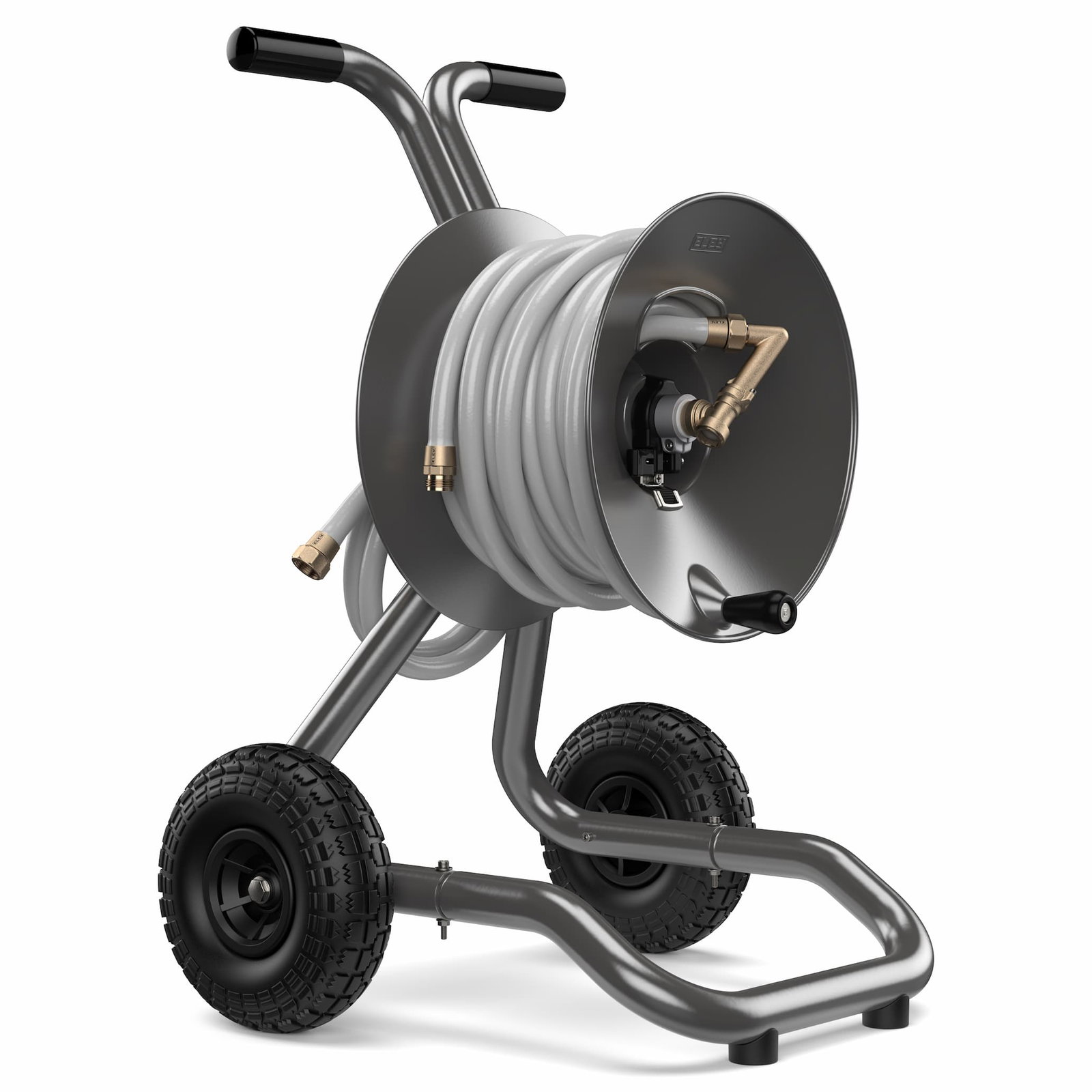 ELEY 2-wheel garden hose reel cart with 100 ft hose bundle, set against a white background 