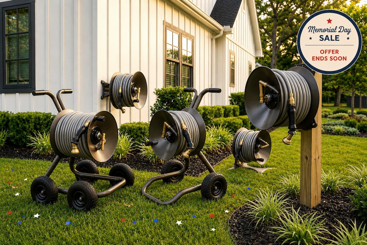 ELEY Garden Hose Reels Bundles in a spring landscape next to a modern farmhouse