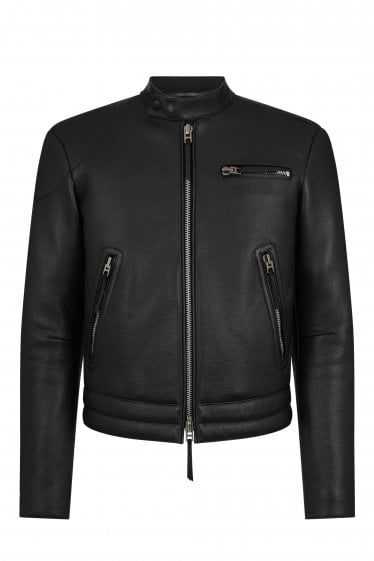 Grain Leather Zip Biker Jacket Black