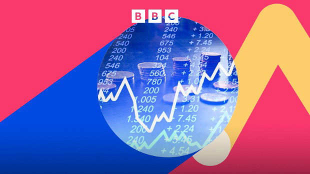 A blue montage shows piles of coins with numbers and graphs overlaid. The image is cropped in a circle, and overlaid on a background graphic of abstract pink, blue and yellow shapes. The BBC logo is in white at the top.