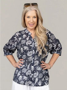 Sheer Elbow Sleeve Button Front Blouse