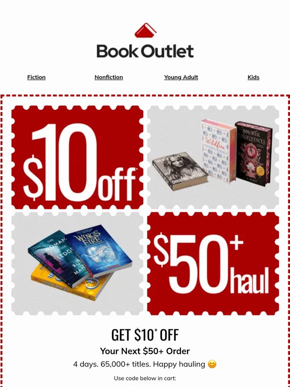 4 days for $10 off a $50+ haul